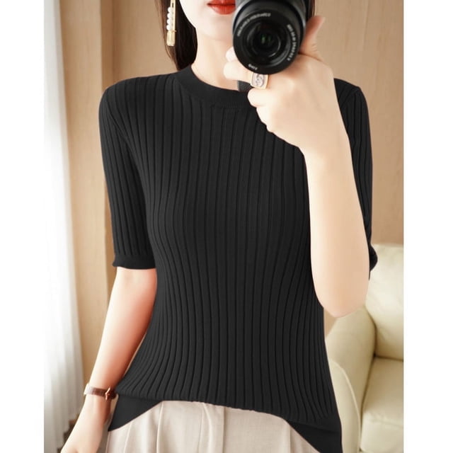 Suéter fino de otoño para mujer, suéter de manga corta con cuello redondo para mujer, suéter de lana base para mujer