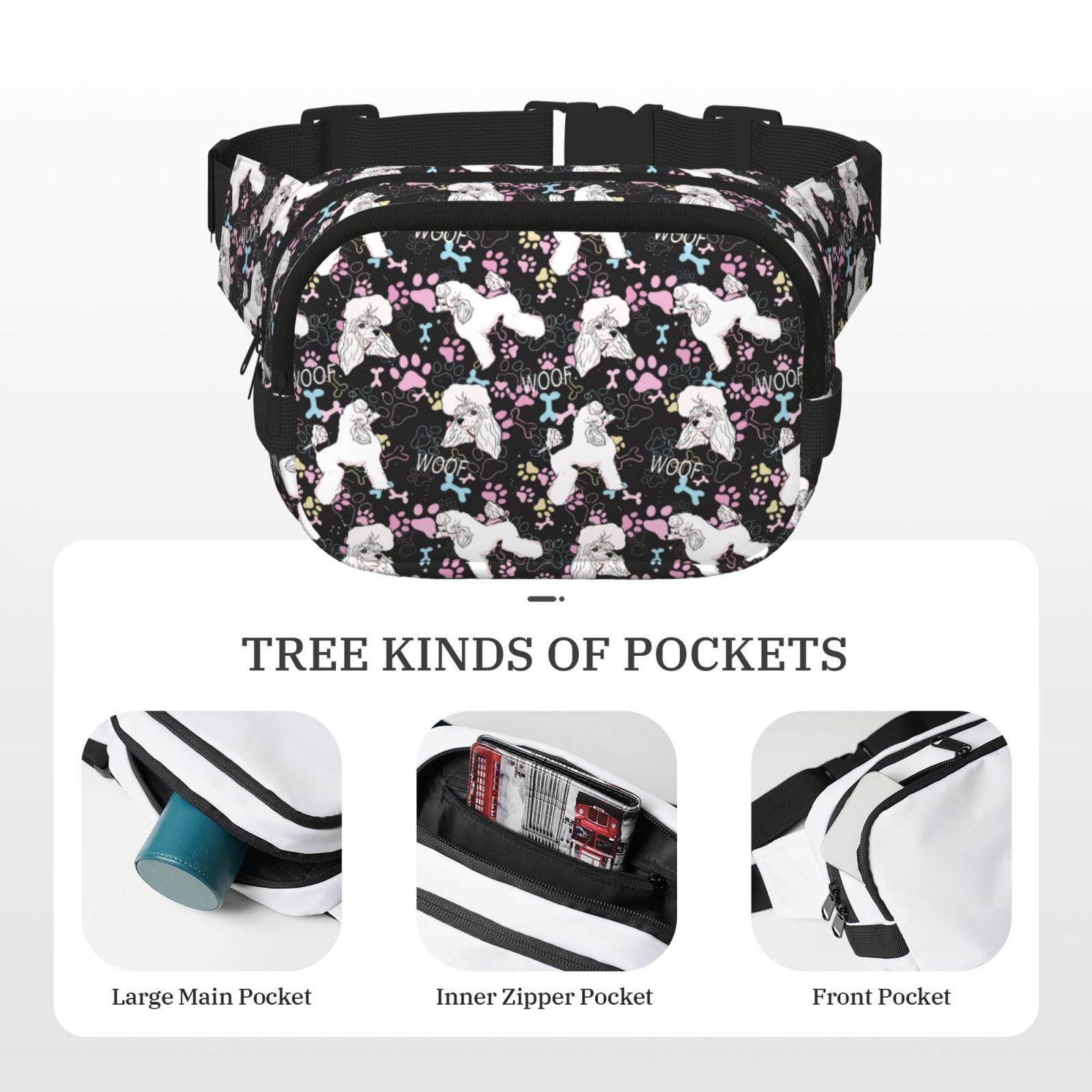 Picia Cute Poodle Dog Print Square Double-Layer Waist Bag Mini Adjustable Waist Belt Bag Exercise Running Travel Hiking