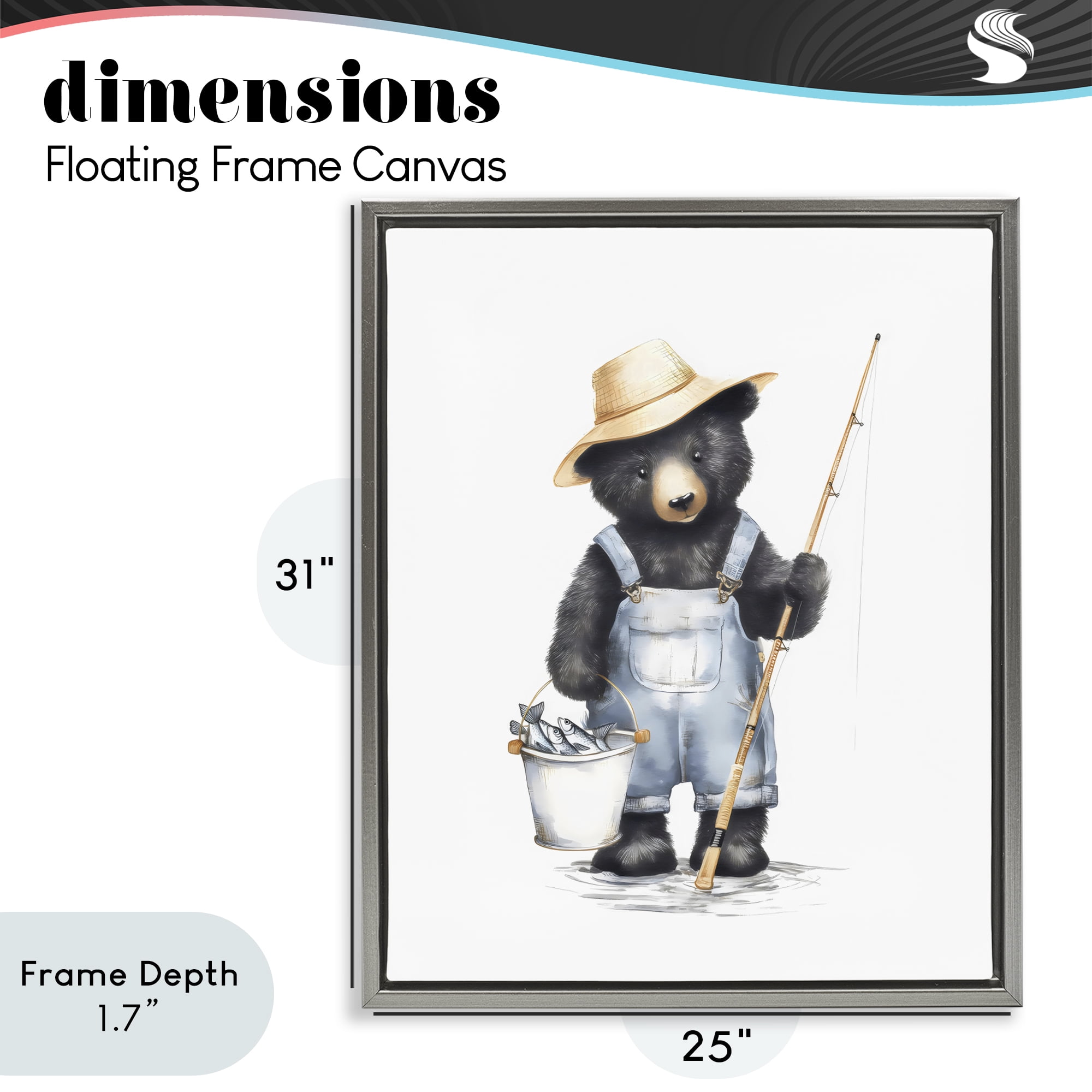 Stupell Industries Fishing Bear in Straw Hat Gray Framed Floater Canvas Wall Art, design by Arlington Prints