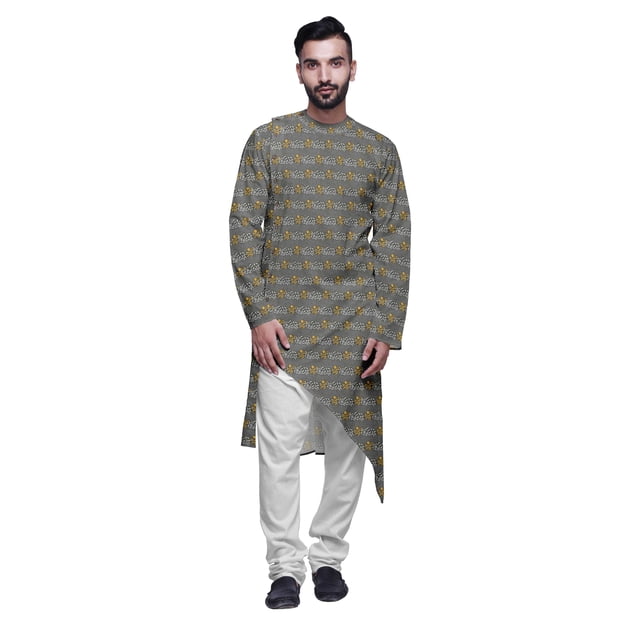 Atasi Kurta Long d'Été Imprimé de Designer avec Ensemble de Pyjama Blanc pour Hommes