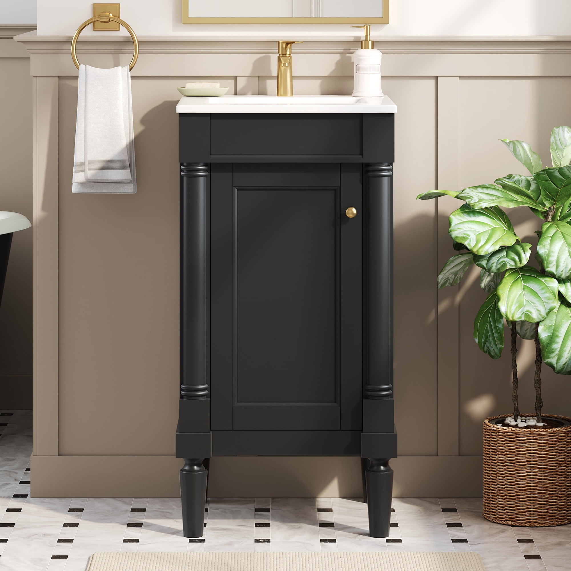 Euroco 18" French Style Bathroom Cabinet with Storage, Small Space Solution with Ceramic Sink, Adjustable Shelf, Soft-Closing Hinges