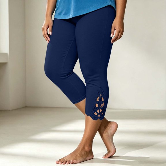 JOANKDMI Capri Leggings for Women Cropped Yoga Pants High Waisted Tummy Control Activewear Tights with Lace Hollow Out Details Flattering Summer Workout Clothes