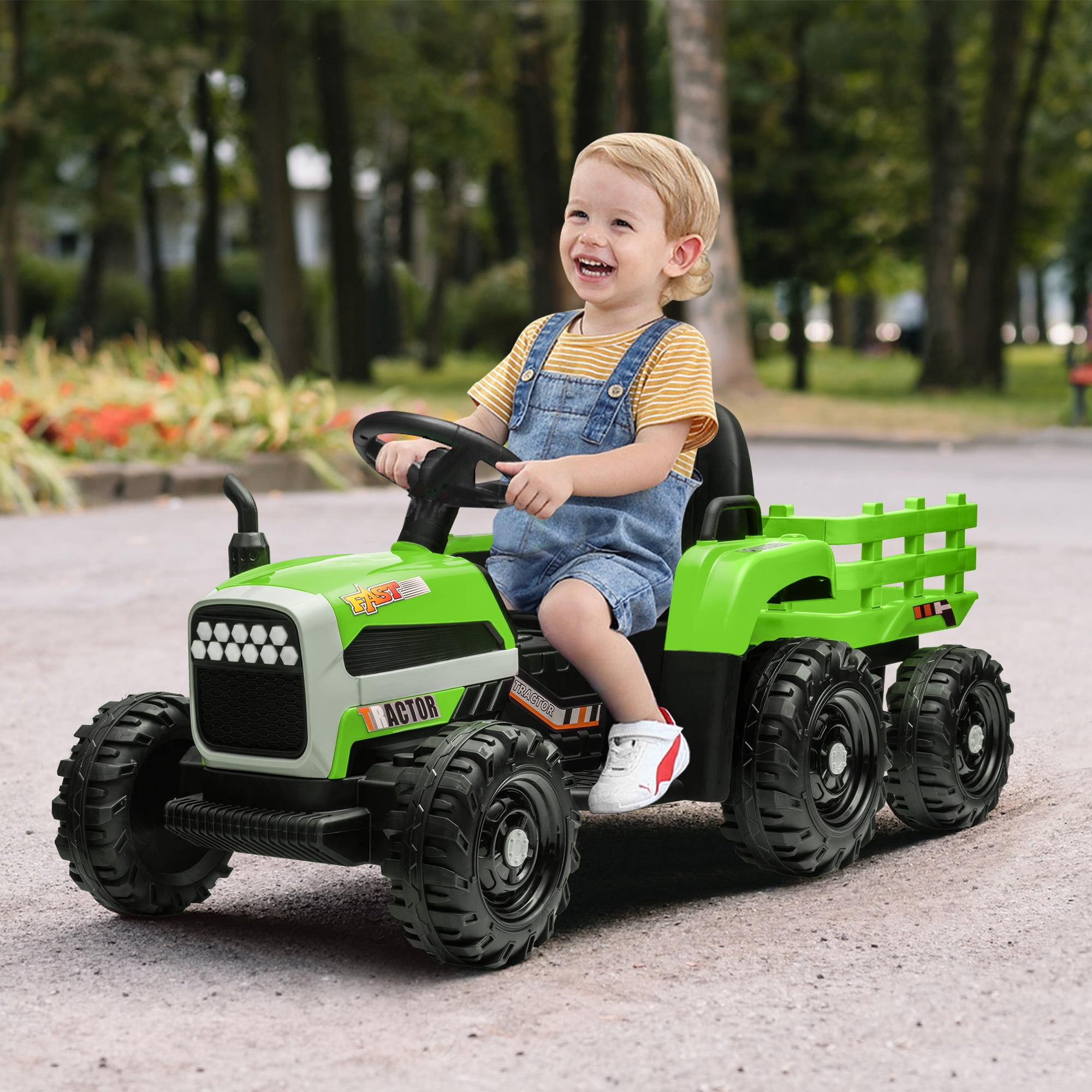 CIPACHO 12v Battery-Powered Kids Toy Tractor with Trailer and 3-Gear-Shift Ground Loader Ride On with USB&Bluetooth Audio Functions, Green CIPACHO 12v Battery-Powered Kids Toy Tractor with Trailer and 3-Gear-Shift Ground Loader Ride On with USB&Bluetooth Audio Functions, Green