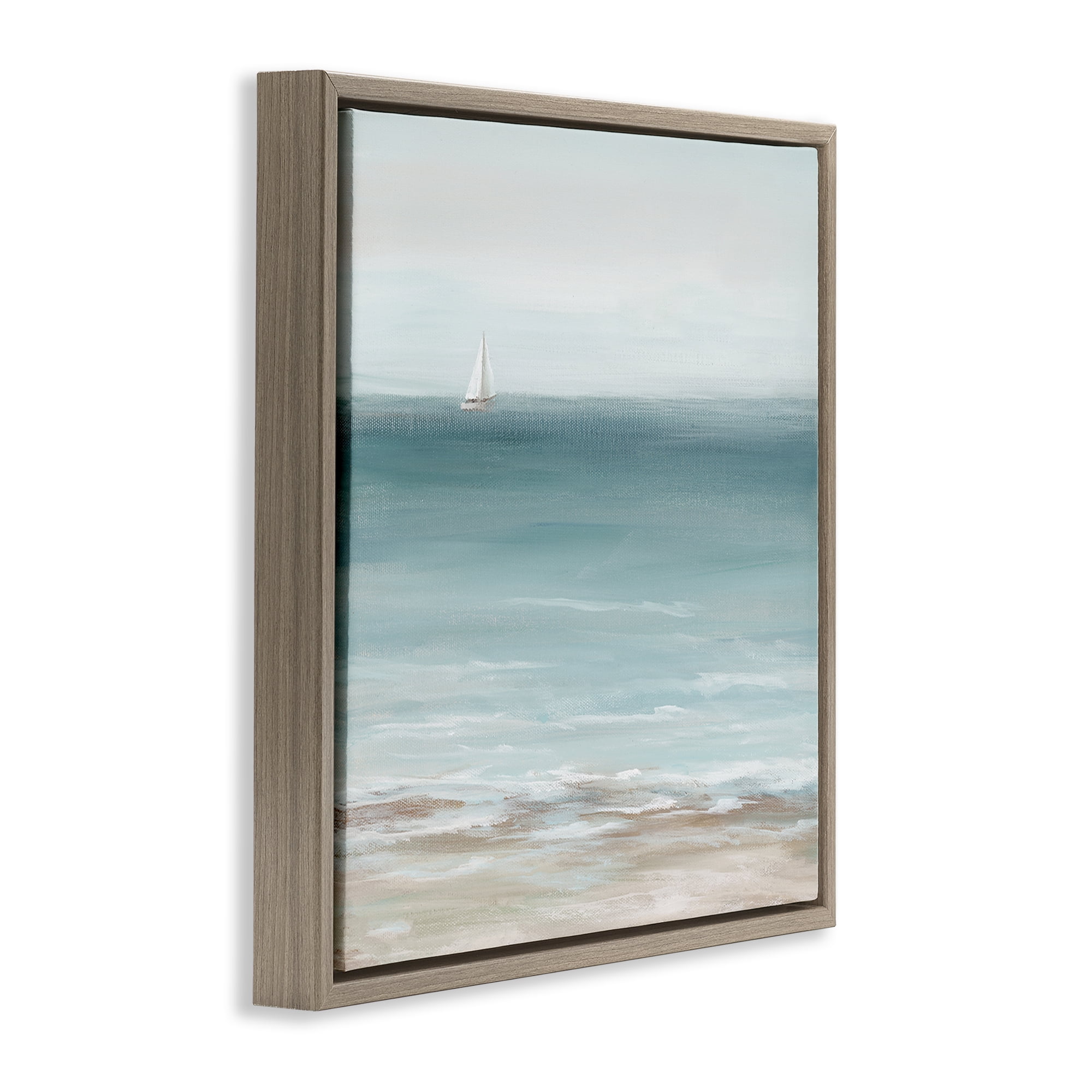 Stupell Industries Faraway Boat on Ocean Nautical & Beach Painting Brown Floater Framed Canvas Art Print Wall Art, 18 x 18