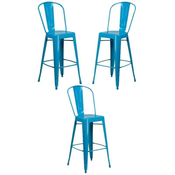 Home Square 30" Metal Curved Slat Back Bar Stool in Crystal Blue - Set of 3