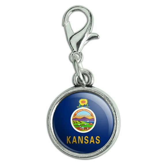 Kansas State Flag Antiqued Bracelet Pendant Zipper Pull Charm with Lobster Clasp