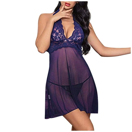 

CLZOUD Lingerie for Women Naughty Purple Women Sling Lace Lingerie Pajamas Halter Nightdress Underwear Set M