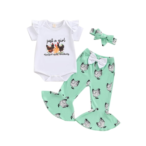 JYYYBF Baby Girls Summer Outfit Chicken Print Short Sleeves Romper and Flare Pants Headband 3 Piece Clothes