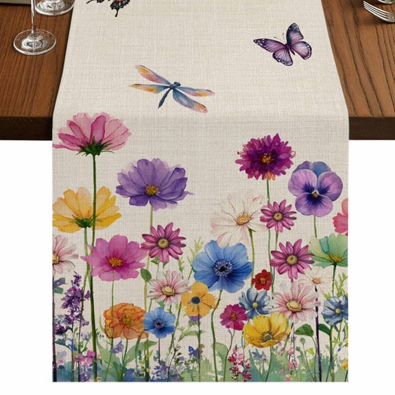 Table Runners 72 Inches Long Dress Scarves, Vintage Flowers Farmhouse Kitchen Table Runner, Coffee Tablerunners, Watercolor Butterfly Dragonfly Daisy Beige 14x72 Inch