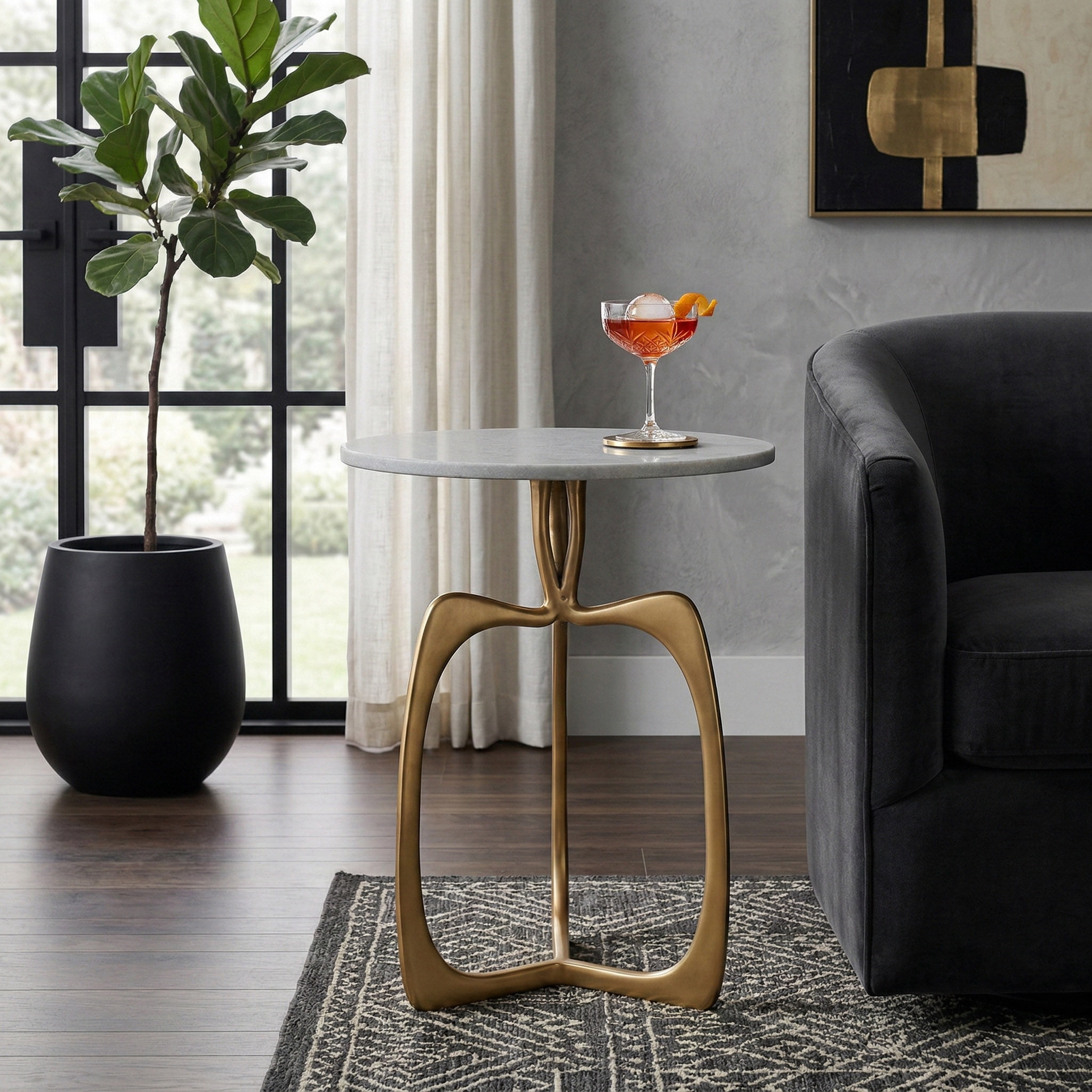 Modern End Table with Marble Top for Bedside or Living Room Decor - Sculptural Aluminum Base Side Table for Small Spaces - Decoarative Compact Accent Table for Home Display - 23", Gold & Metallic