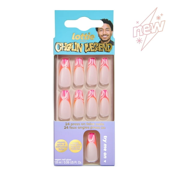 Lottie London x Chaun Legend Stay Press'd, Press on Nail Set, Pink & Orange Ombre Swirl Tips Coffin Shape, Chaunbré Sunset, 24 Nails