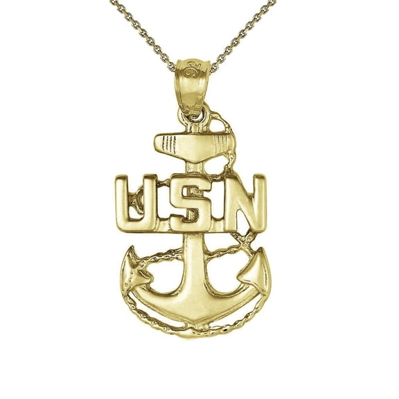 925 Sterling Silver Yellow Gold Plated 1mm Cable Chain Necklace w/ Navy Anchor Pendant Charm