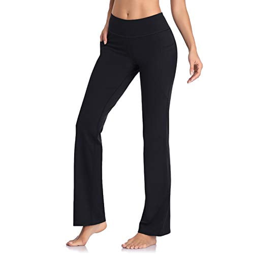 HISKYWIN Side Pockets Yoga Pants 4 Way Stretch Tummy Control Workout  Running Pants, Long Bootleg Flare Pants HF201-Black-M - Walmart.com