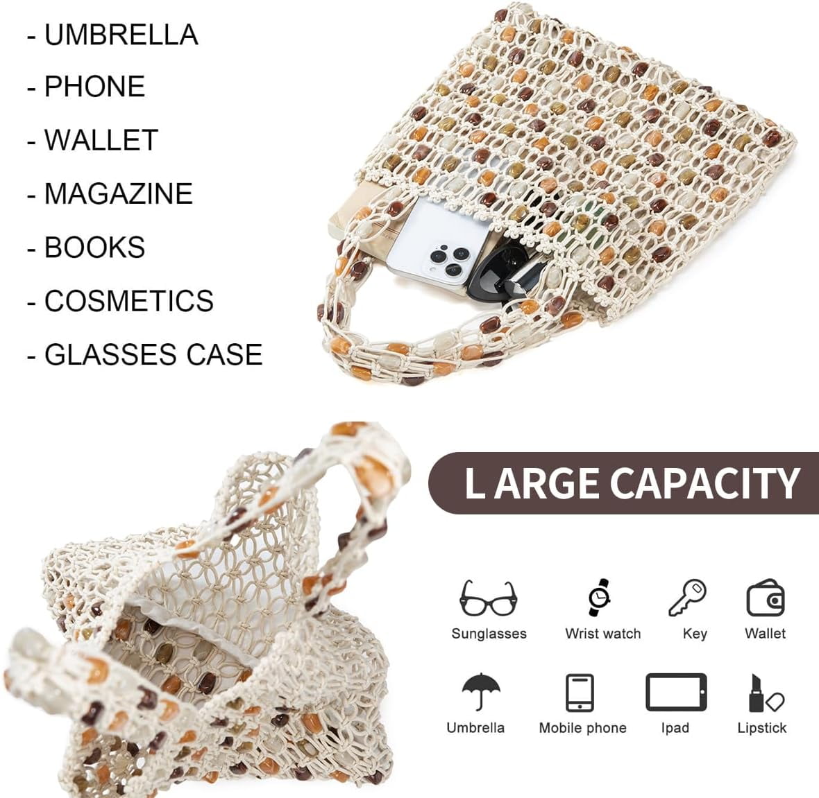 Women’s Crochet Beaded Shoulder Bag Lightweight Summer Tote Handbag