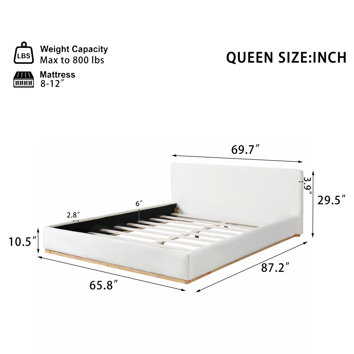 Luckynote Upholstered Queen Bed, Solid Wood Frame Platform, No Box Spring Needed for Comfortable Sleep, Master Bedroom, White