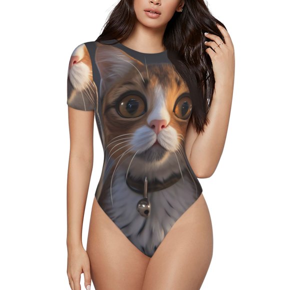 Bingfone Wide Eyed Cartoon Cats Pattern Women's Round Neck Bodysuit, Tight Snap Button Short Sleeve Bodysuit, Suitable for Party, Sports, Daily Wear-XX-Large