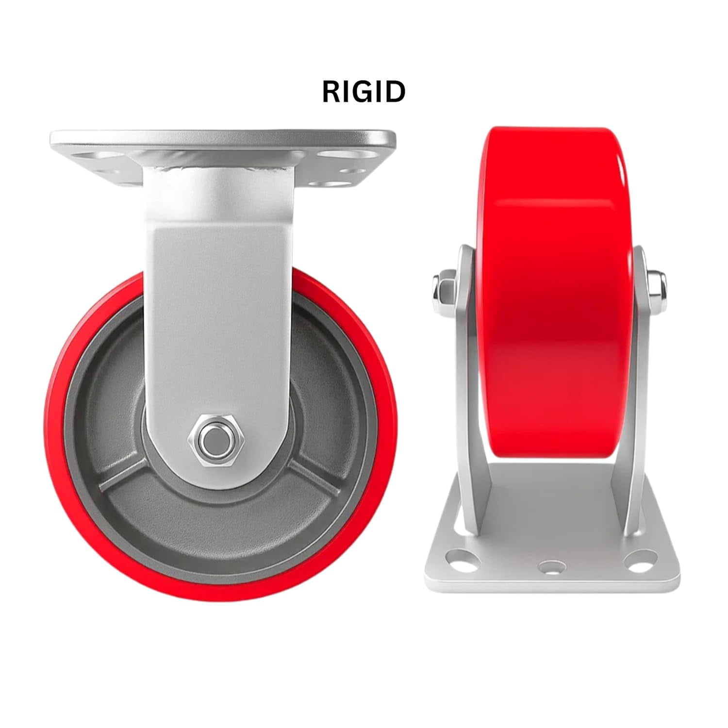 4 Heavy Duty Caster Set 5" Red Polyurethane on Cast Iron Wheels - 4 Rigid