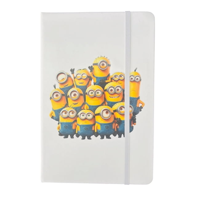 Libreta estilo francés blanca con hojas rayadas, MINIONS , mide 14 cm de ancho por 21 cm de largo.