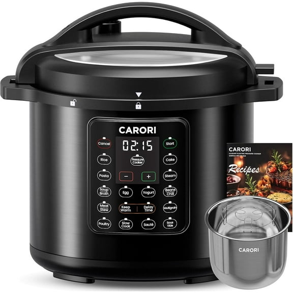1200W 12-in-1 Electric Pressure Cooker 8Qt, Stainless Steel Pressure Cooker, Slow Cook Rice Cooker Steamer Sauté, Yogurt Maker, Warmer & Sterilizer with Recipe, Safer Venting Design, Black
