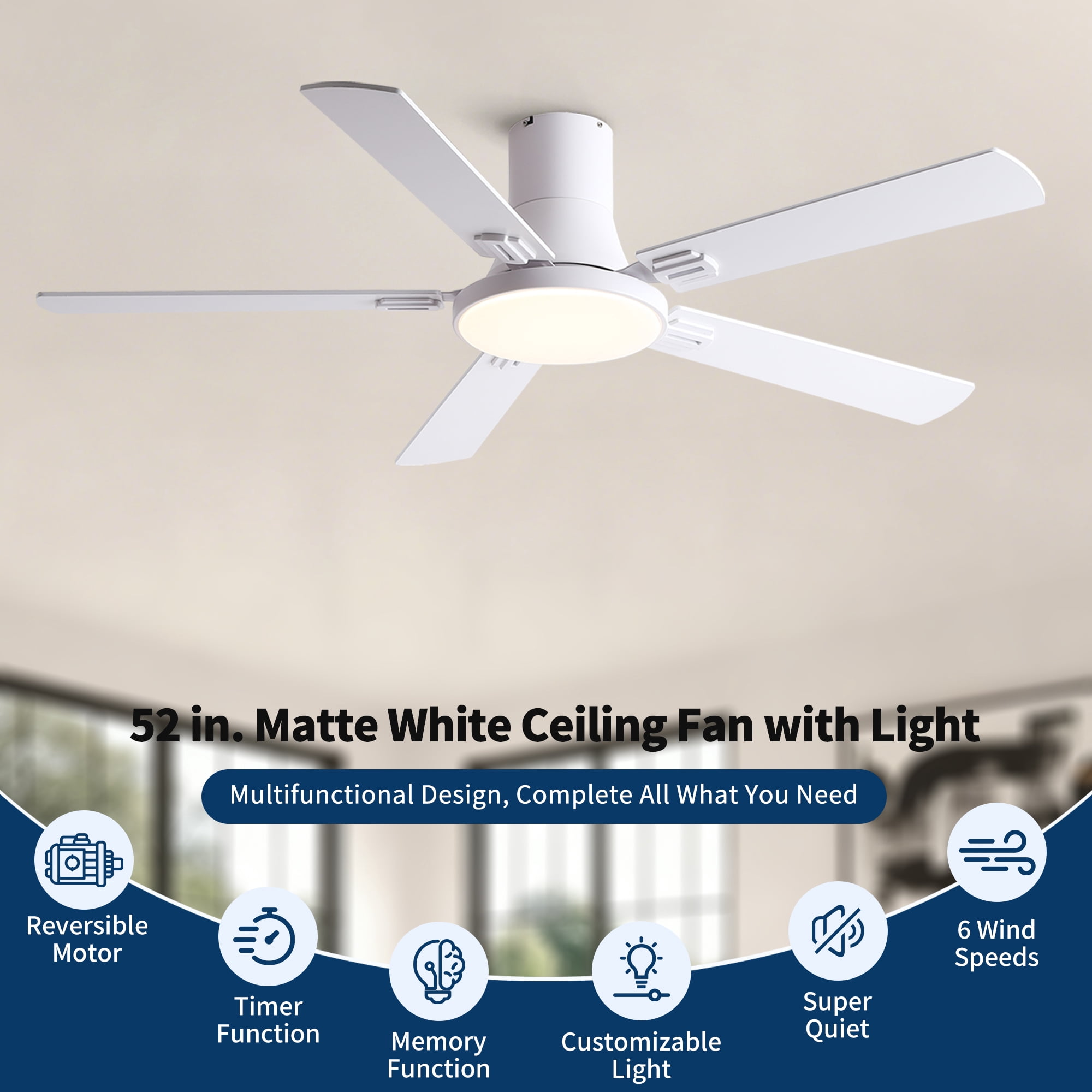 Leumius 52" Ceiling Fan with Lights and Remote, Mordern Minimalism White Flush Mount Ceiling Fan with Light and Double-Sized Blades for Living Room Bedroom