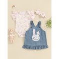 thumbnail image 2 of Bagilaanoe 3Pcs Newborn Baby Easter Outfits Girls Overalls Dress Set Print Short Sleeve Romper Tops + Denim Suspender Skirt + Headband 3M 6M 9M 12M 18M Infant Casual Clothes, 2 of 9