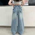 thumbnail image 4 of RUTAYY Child Girls' Pants Elastic Waist Wide Leg Straight Long Trousers With Bow Back Summer Bohemian Style, Blue, 13-14 Years, 4 of 7