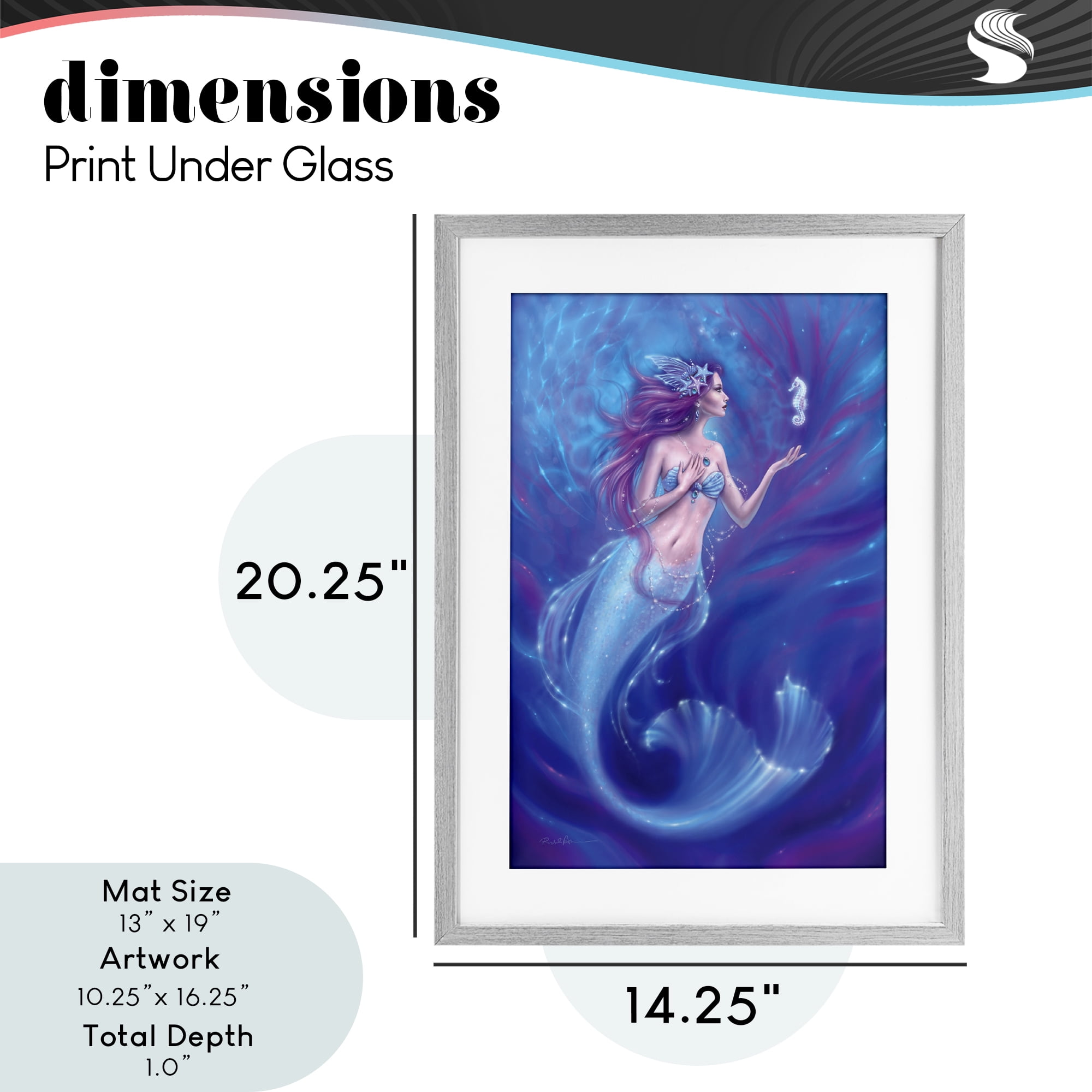 Jewel Bedecked Mermaid & Seahorse Gray Framed Print Under Glass, design by Rachel Anderson
