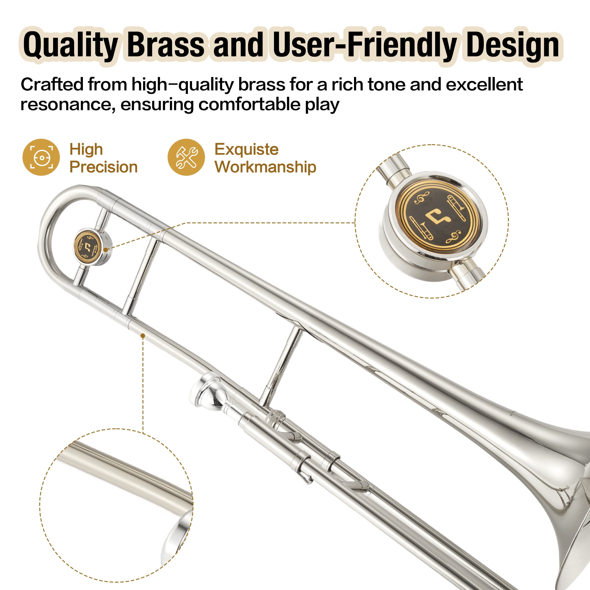 Gold Lacquer Alto Trombone Brass Instrument for Student Musicians and Adult Beginners, Suitable for School Band Rehearsal, Orchestra Practice, Jazz Music Performance and Home Learning
