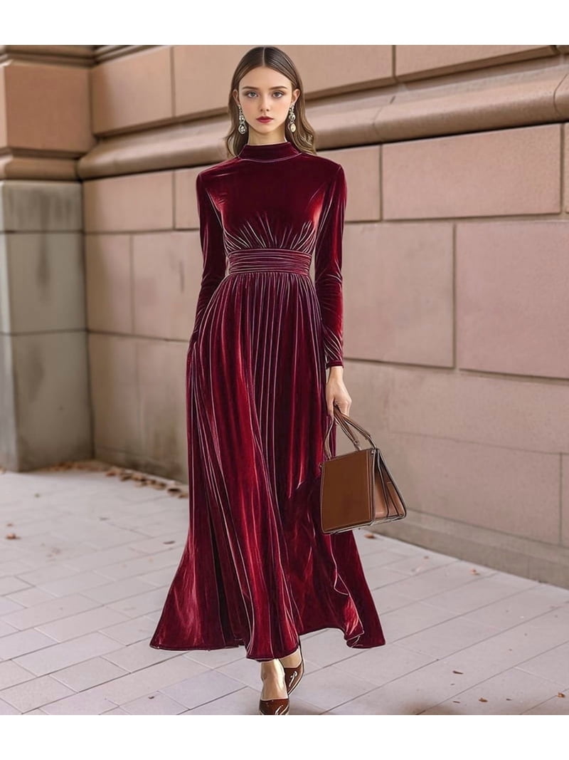 Velvet Dress for Women High Neck Long Sleeve Elegant Flowy Maxi Wedding Party Formal Gown Evening Dress Deep Red M