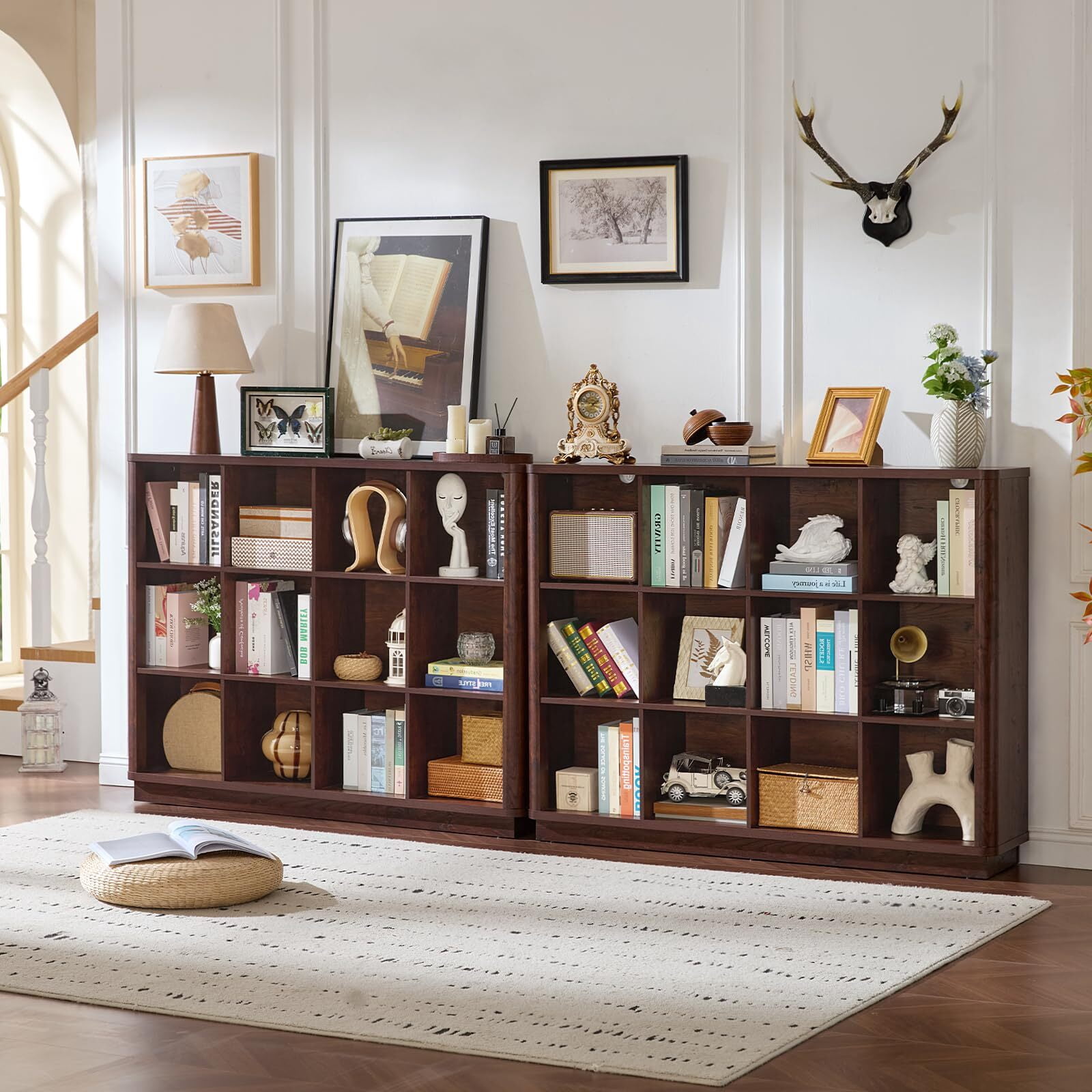 Buildhom 12-Cube 3-Tier Storage Bookcase, 41" Tall Floor Standing Bookshelf with Curved Edge for Living Room, Office, Walnut