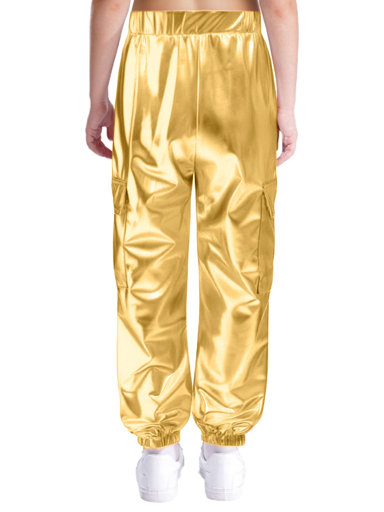 CHICTRY Shiny Holographic Cargo Pants Girls Boys Jazz Hip-Hop Street Dance Wear Trousers with Pockets Gold 16