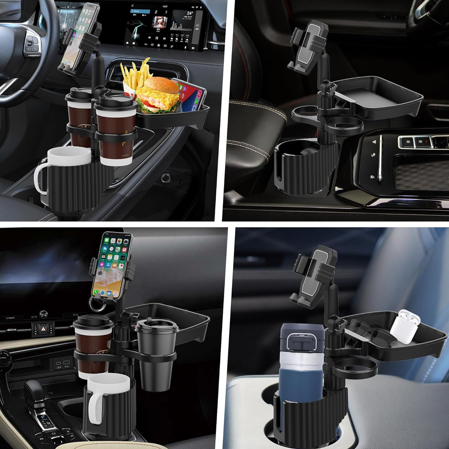 Soapow  5 in 1 Car Cup Holder Tray Table with Cell Phone Slot and Coffee Stand Food Tray, Universal Swivel Car Expander Desk, Detachable 360° Rotating Extender Car Organizer