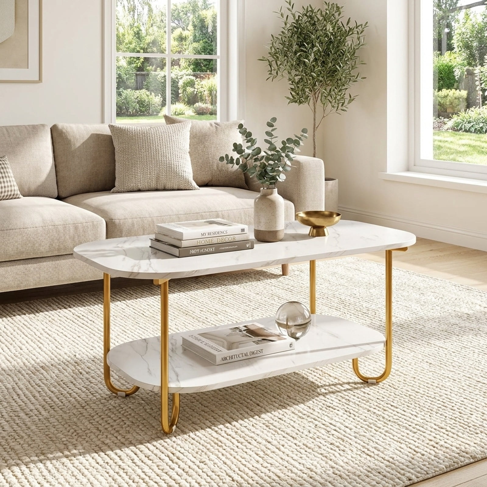 Furnibear Modern 2-Tier Coffee Table with Faux Marble Top Powder-Coated Metal Frame and Storage Shelf for Living Room and Study, White