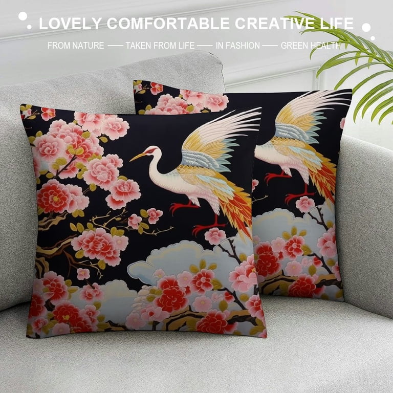 WoGuangis Chinoiserie Garden Scenery Cushion Cover Blue Pagoda Coral Pink Flower Throw Pillow Covers Japanese Asian Style Throw Pillowcase 22x22in White Linen Pillows For Office Car Chair Sofa