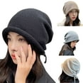 thumbnail image 3 of Xfvqtps Womens Beanie Knit Cuffed Solid Color Fashion Stretch Adjustable Drawstring Thick Windproof Coldproof Warm Outdoor Fall Winter Soft Skull Cap Beige, 3 of 3