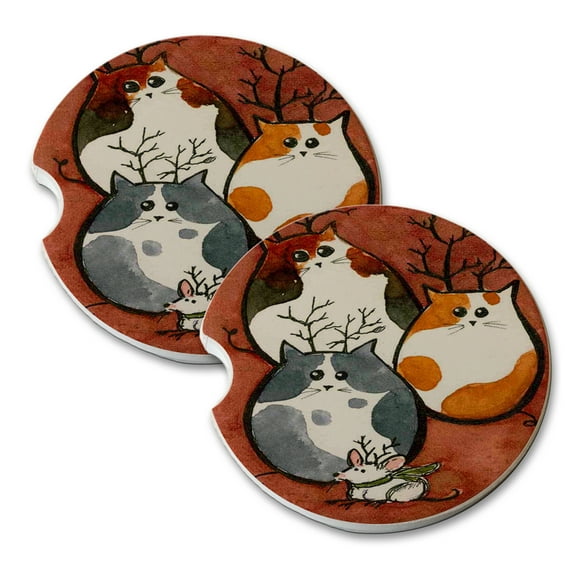 KuzmarK Sandstone Car Drink Coaster (set of 2) - Reindeer Chunky Kitties and Mouse Christmas Cat Art by Denise Every
