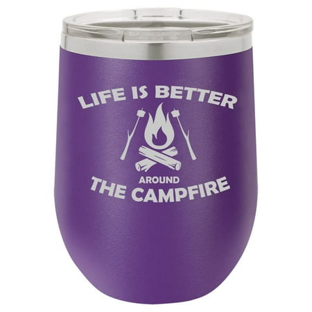 

12 oz Double Wall Vacuum Insulated Stainless Steel Stemless Wine Tumbler Glass Coffee Travel Mug With Lid Life Is Better Around The Campfire Camping Outdoors (Purple)