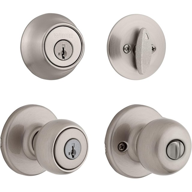Fairfax Satin Nickel Front Door Knob with Deadbolt Reversible Exterior/Interior Entry Door Knob with Key and Deadbolt Lock Front Door Knobs with Lock/Front Door Lock Traditional Home D