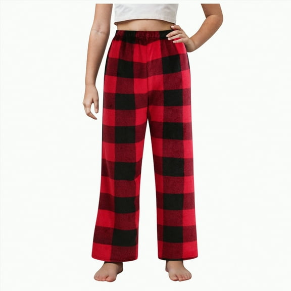 TOWED22 Christmas Plaid Pajama Pants Plush Flannel Fleece Pajama Bottoms Lounge Sleep Pants with Pockets(Red,13-14 Y)