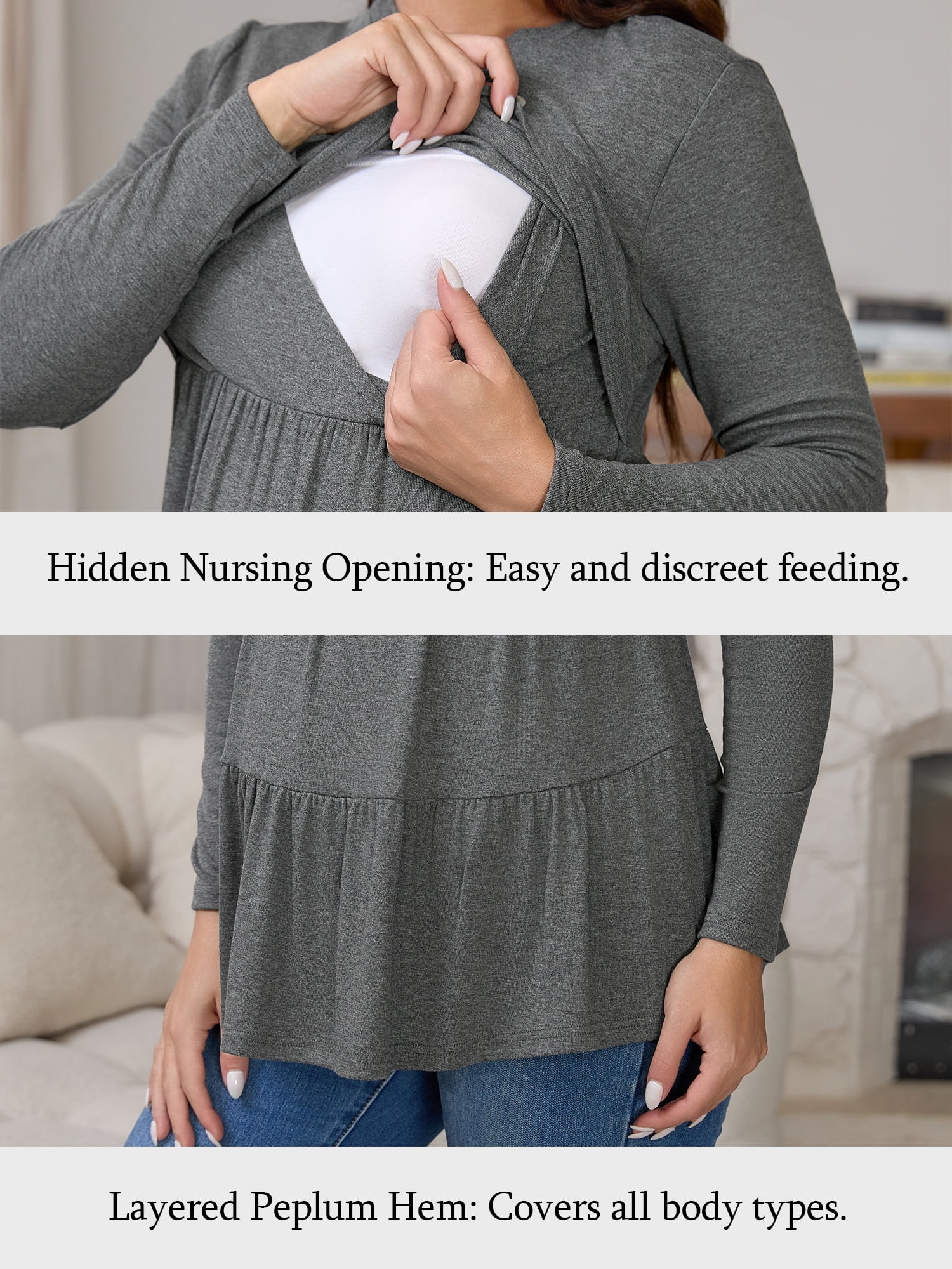 DARING DIVA Women's Nursing Breastfeeding Long Sleeve Tiered Pumping T-Shirts XL Gray