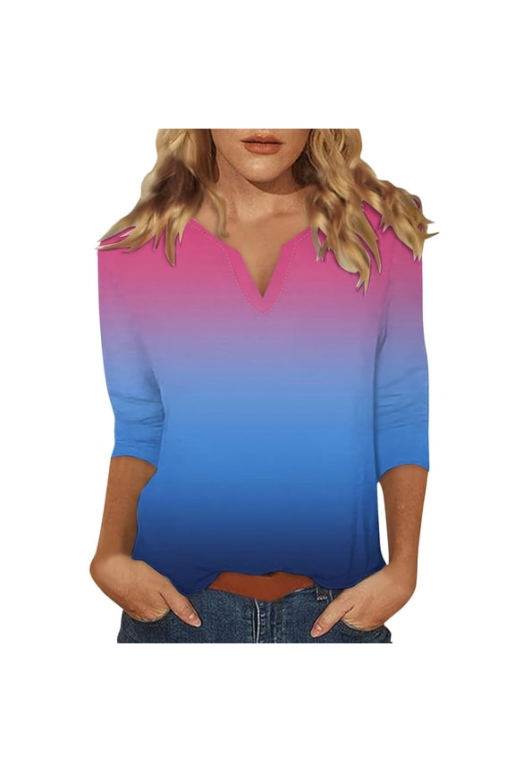 Seductiva Women's 2025 Fashion Tops 3/4 Sleeve T-Shirts 3/4 Sleeve Tops for Women Summer Notched V Neck Plain T Shirts Casual Cute Three Quarter Length Blouses Basic Business Tees Blouses Womens Tops