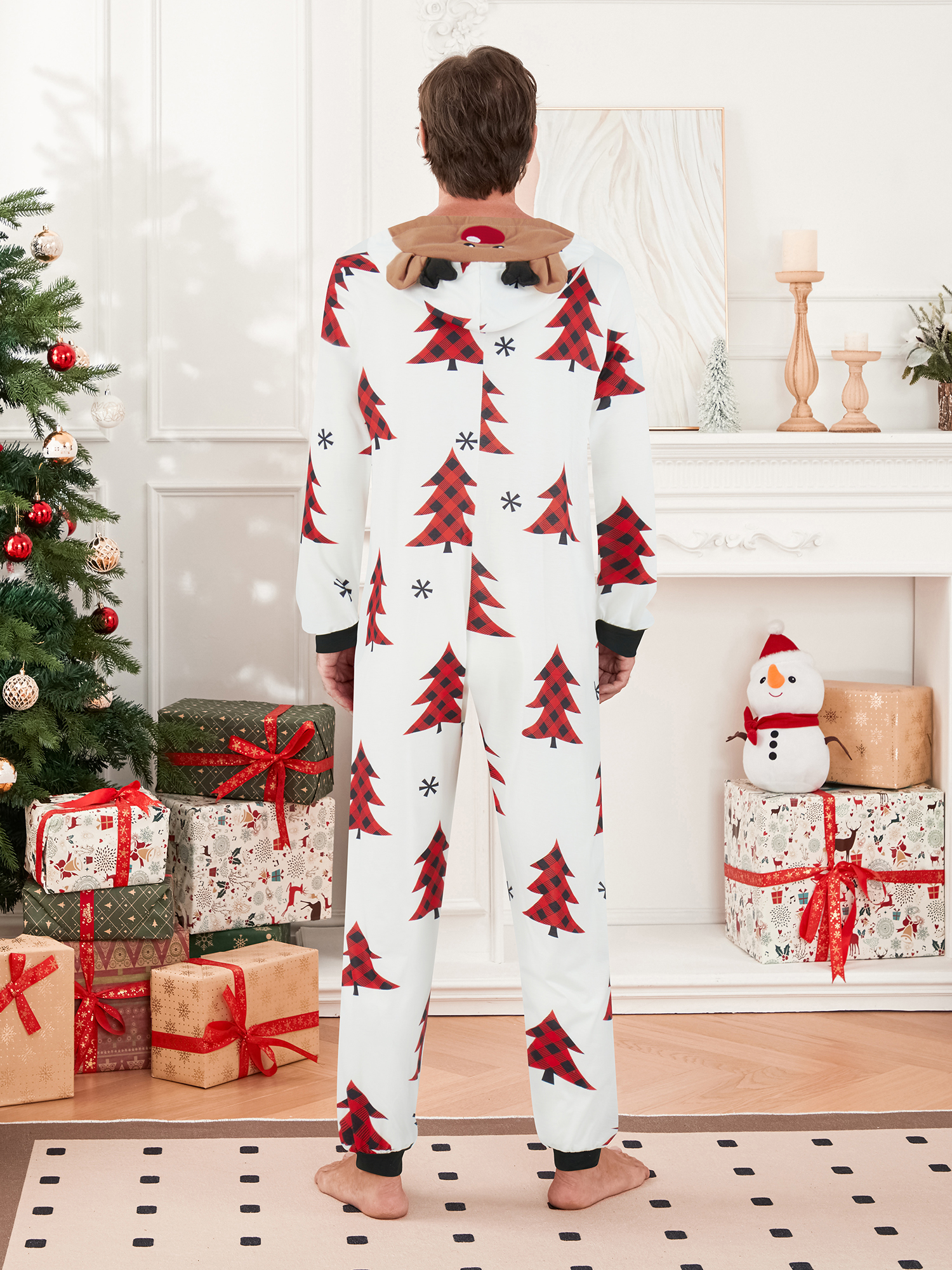 Pyjama Combinaison Femme - Manches Longues Col V - Imprimé Flocons & Carreaux - Noël & Automne - Confort Doux