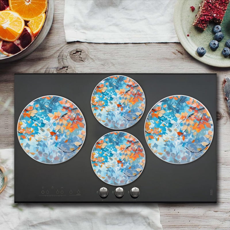 BaHomeck Electric Stove Burner Covers Set of 4,Round Metal Gas Stove Burner Covers 8 Inch and 10 Inch,Kitchen Decor,Orange And Blue Leaves On Tree Branches