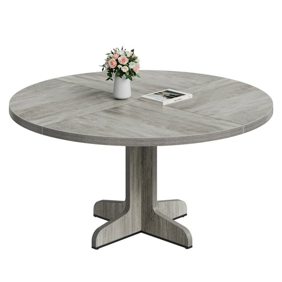 Round Farmhouse Dining Table for 6, Kitchen Table with 4-Inch Thick Wood Tabletop and Stable Pedestal Base, for Home, Dining Room, Living Room, Phoebe Nanmu Wood