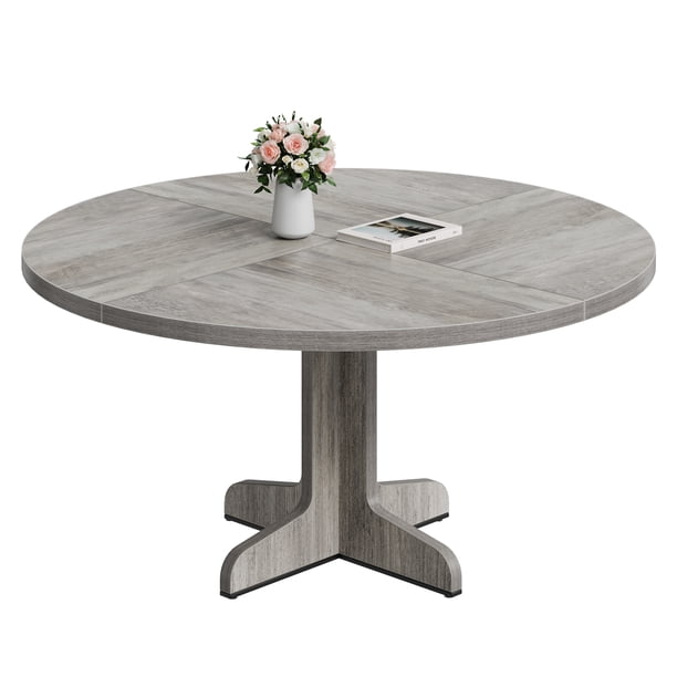 Mesa de comedor redonda - Superficie de madera y base estable - Estilo rústico para 4 personas - Perfecta para cocina y salón - Color gris