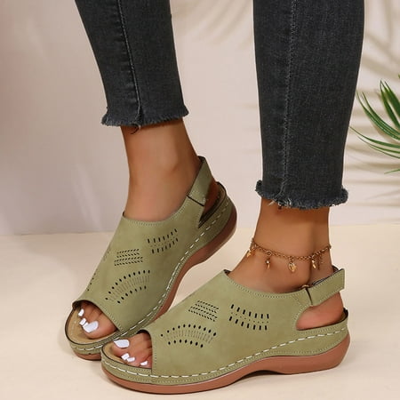 

Aayomet Sandals for Women Ladies Casual Solid Color Cutout Round Toe Hook Loop Vintage Wedge Sandals Green 7