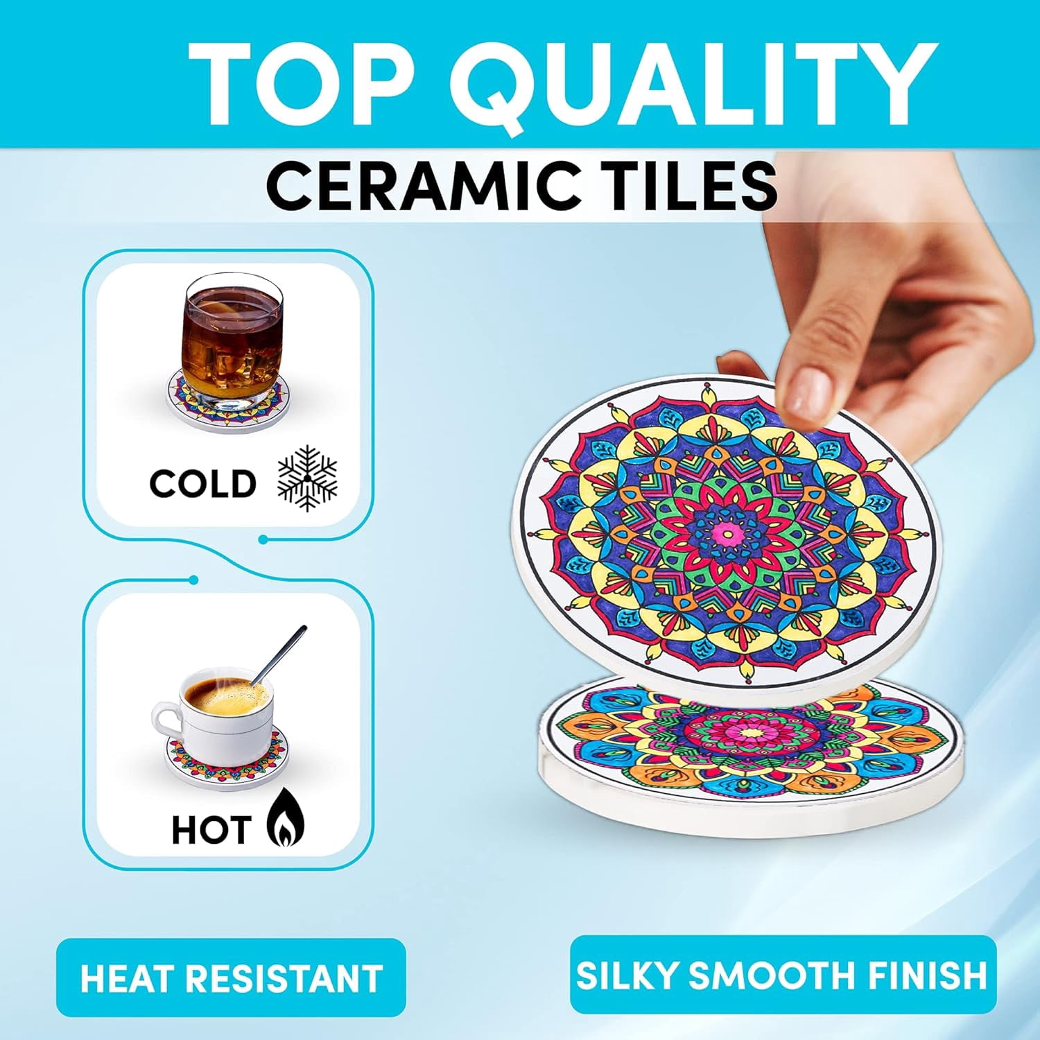 Color Your Own Coaster Mandalas w/Markers | 8 Absorbent Ceramic Tiles w/Cork Base | Gift Arts and Crafts DIY Kit for ults, Hobby, Teens, Seniors, Women, Elderly