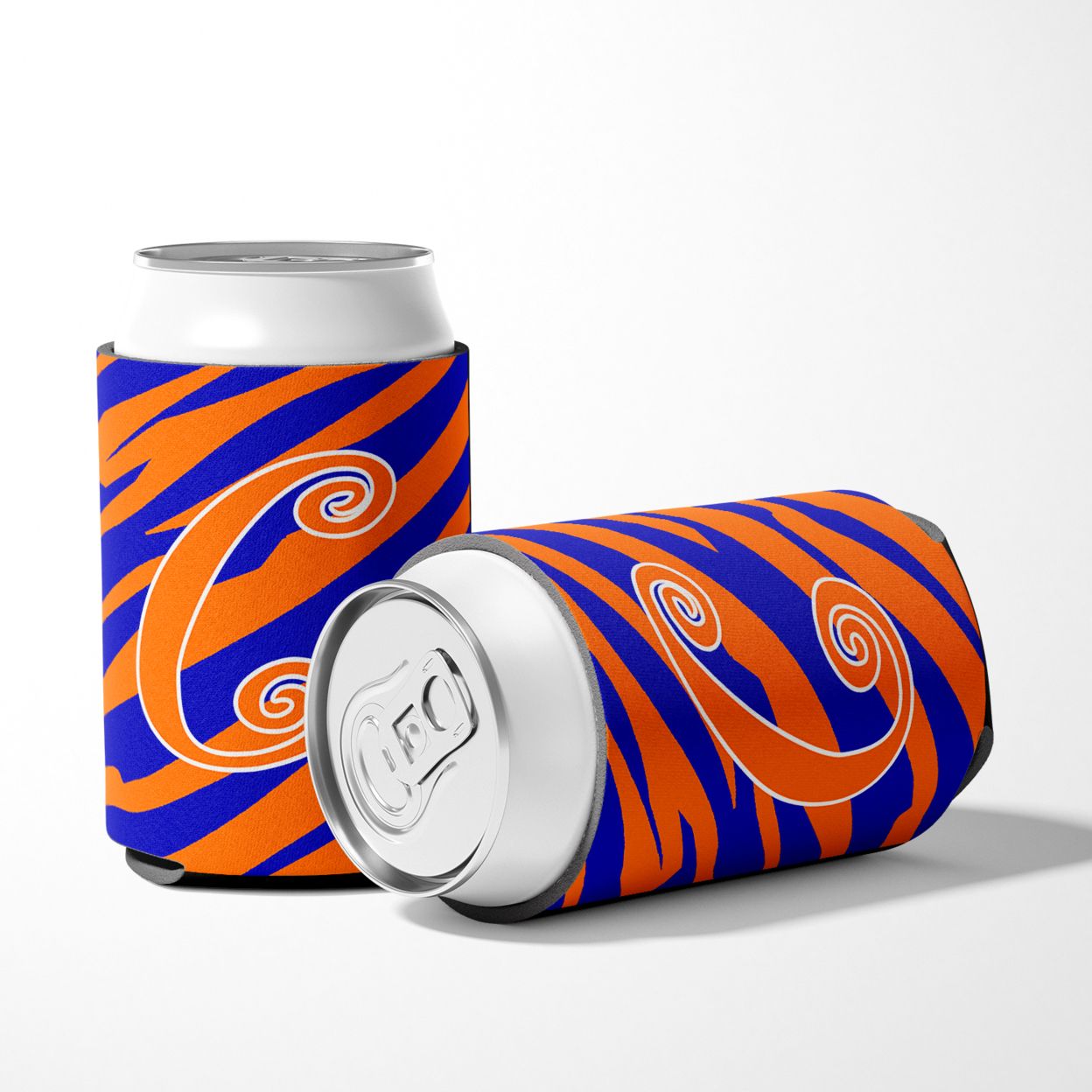 Letter C Initial Tiger Stripe Blue and Orange Can or Bottle Hugger