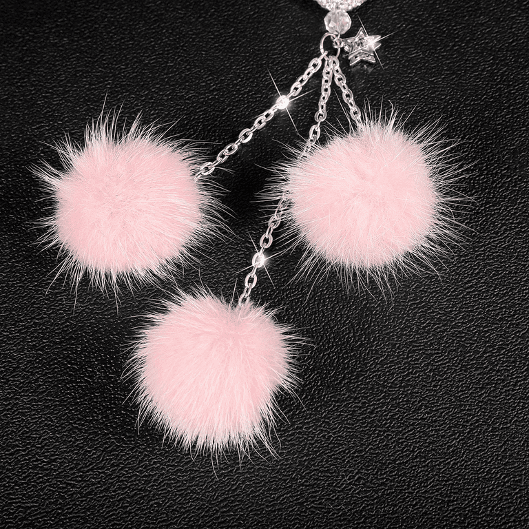 Pink Car Rear View Mirror Hanging Accessories for Women, Bling Diamond  White Heart Charm and Pink Plush Ball Windshield Mirror Decor, Girly Lucky