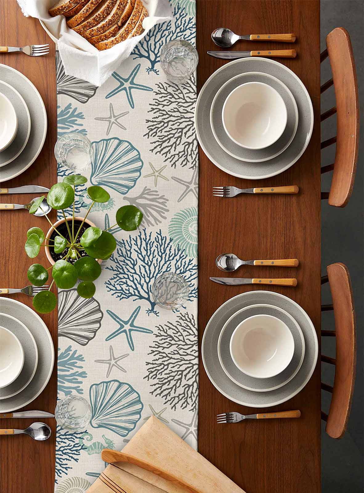 Ocean Coastal Table Runner 120 Inches, Retro Coral Starfish Shell Seahorse Bed Runner Dresser Scarves Tabletop for Indoor Outdoor Parties/Ceremony/Banquet, 13"x 120"